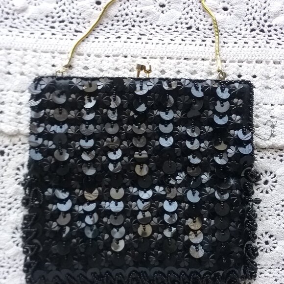 Vintage Black Sequined Evening Bag Handmade in Hong Kong - Picture 2 of 7